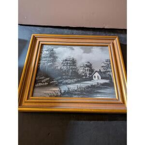 Framed Landscape Painting with Wooden Frame